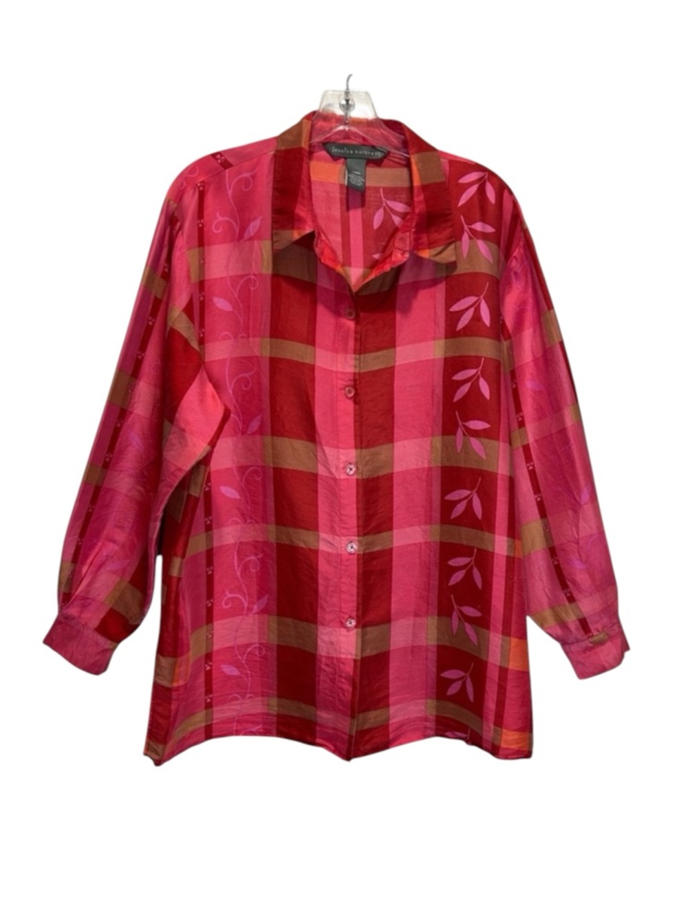VTG Jessica Holbrook Silk Pink Window Pane Floral Button-up Blouse - Large